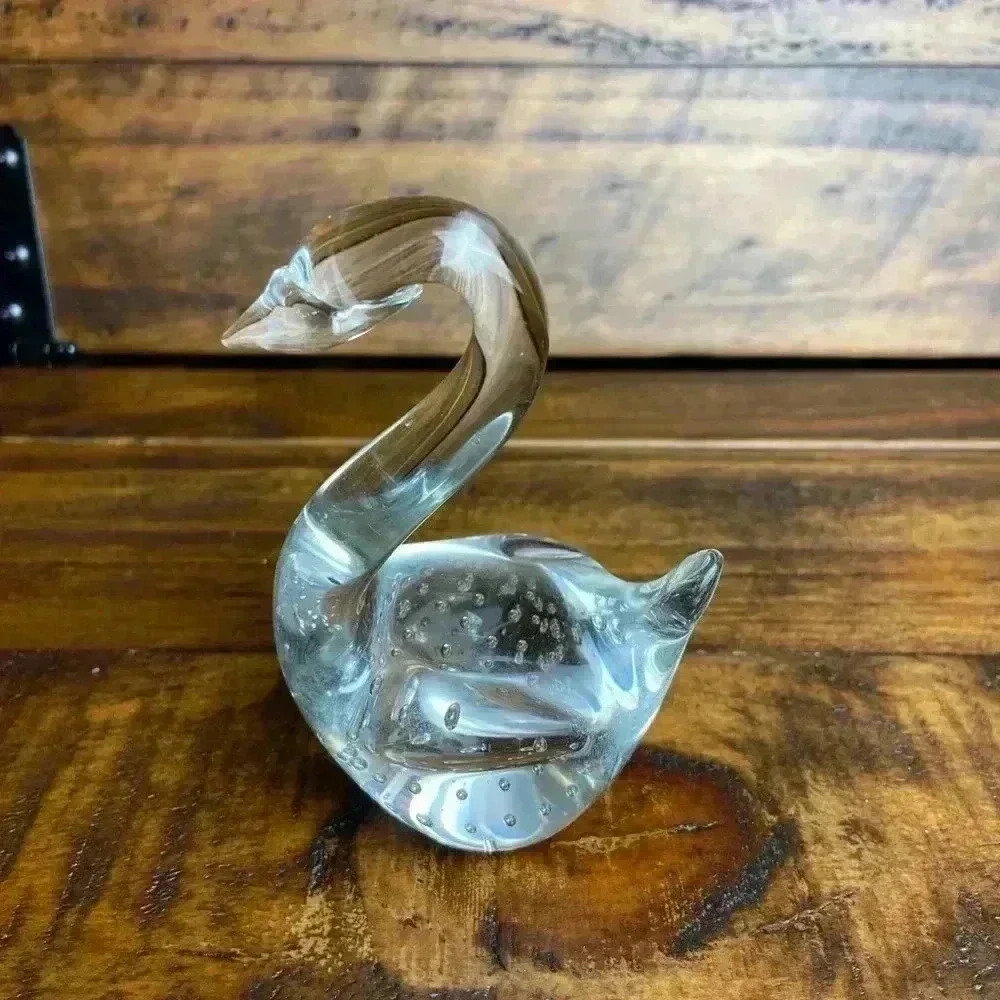 Art Glass 4” Swans Set Of 2 Hand‎ Blown With Controlled Bubbles Clear Figurines - Picture 5 of 9